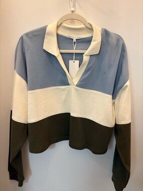 Z Supply Colorblock Polo Sweatshirt - Blue, Cream & Olive